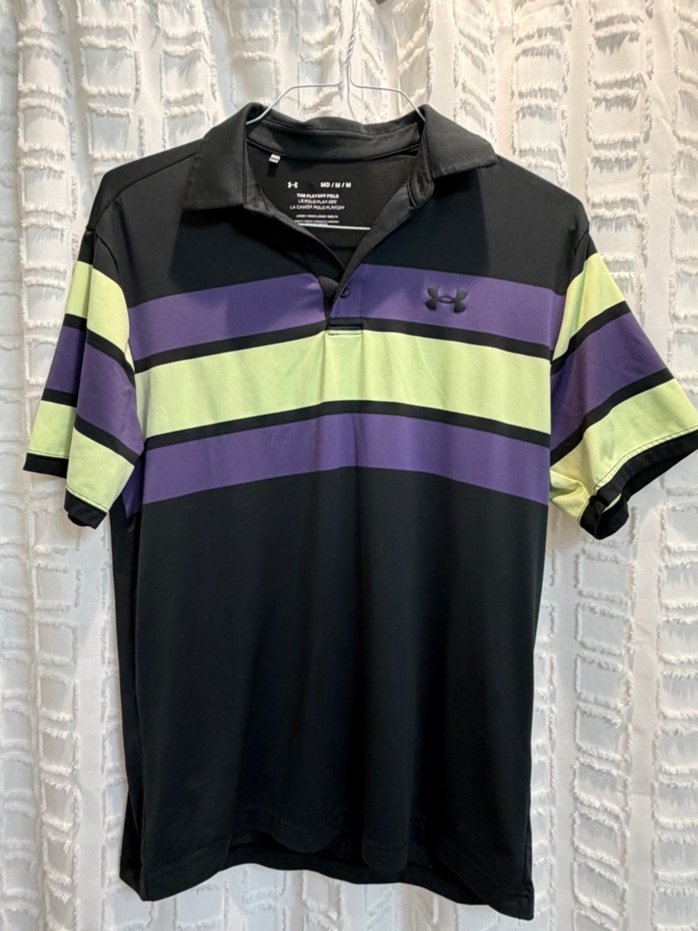 Under Armour Men’s Black Polo with Purple and Lime Stripes